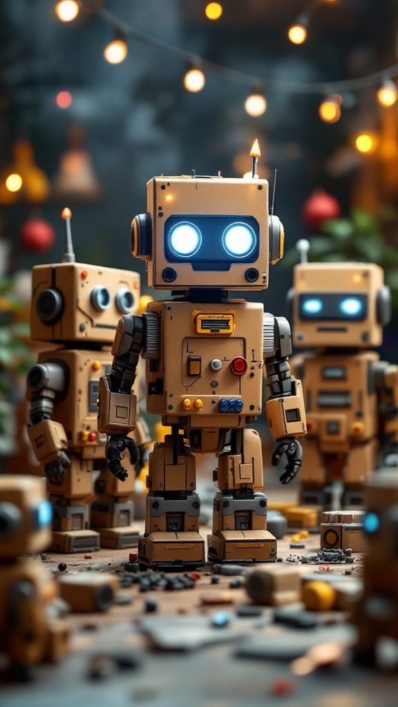 A lively robot workshop filled with colorful robot toys and building materials.