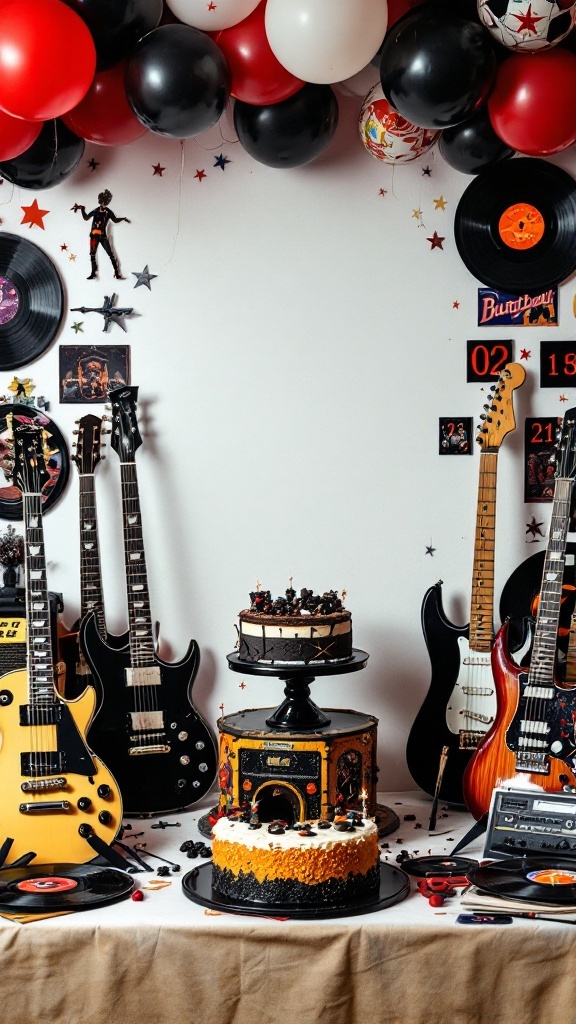 A rock 'n' roll themed birthday party setup featuring guitars, a themed cake, and colorful balloons.