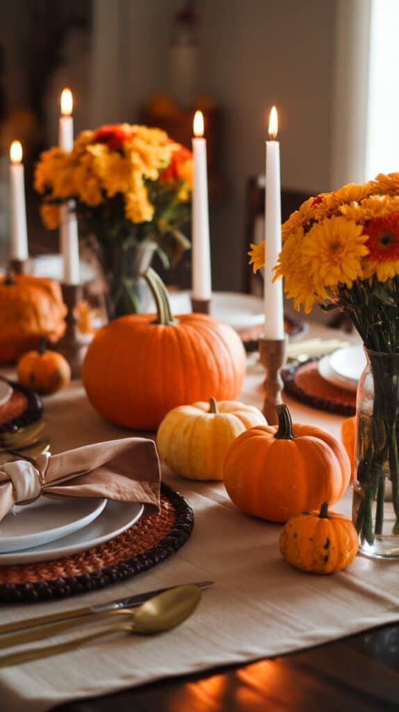 A beautifully decorated autumn dining table with pumpkins, candles, and a vase of yellow and orange flowers, set with plates and gold cutlery on a beige tablecloth.