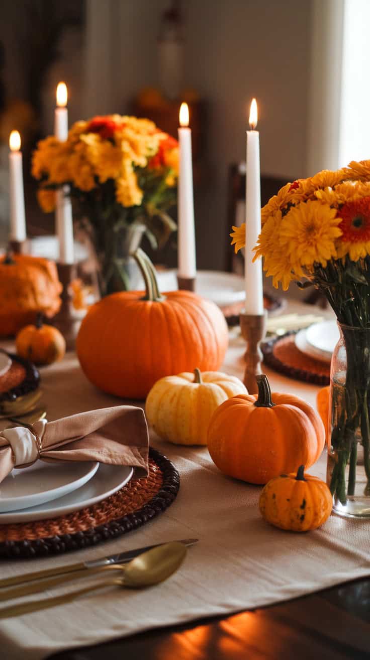 A beautifully decorated autumn dining table with pumpkins, candles, and a vase of yellow and orange flowers, set with plates and gold cutlery on a beige tablecloth.