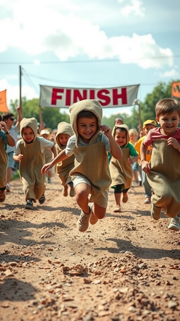 Children in burlap sacks racing towards the finish line at a fun outdoor event.