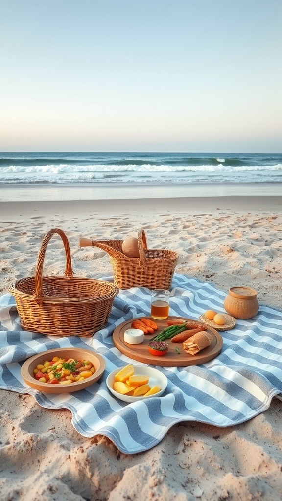 A beach picnic setup on a sandy shore with a striped blanket, featuring two wicker baskets and plates of food including sliced fruits, vegetables, and snacks, against a backdrop of gentle ocean waves.
