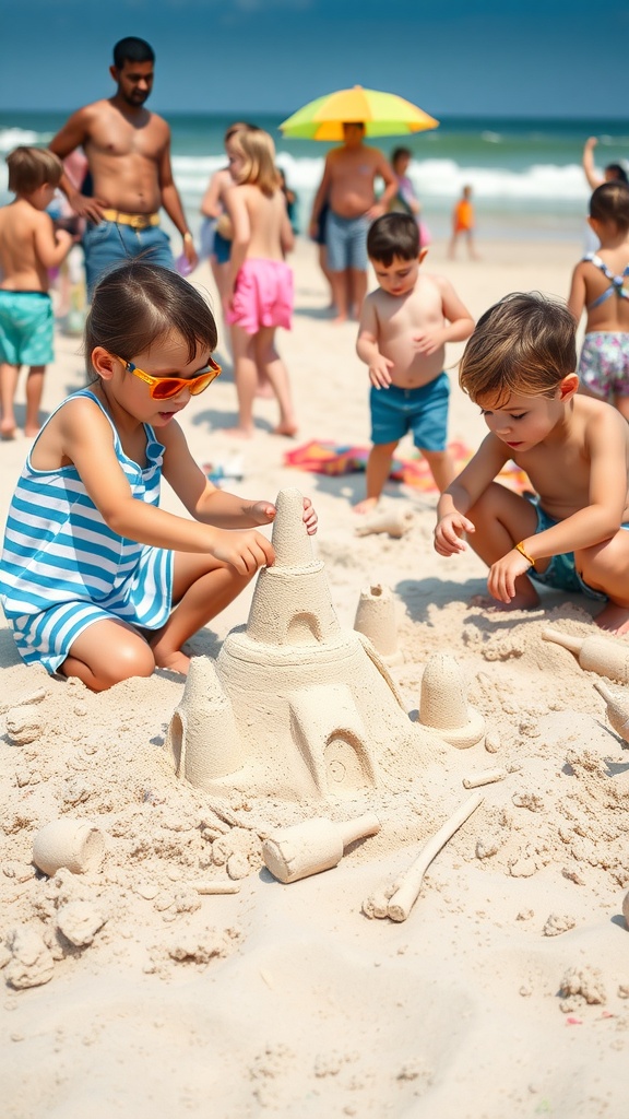 Kids building sandcastles at a beach party