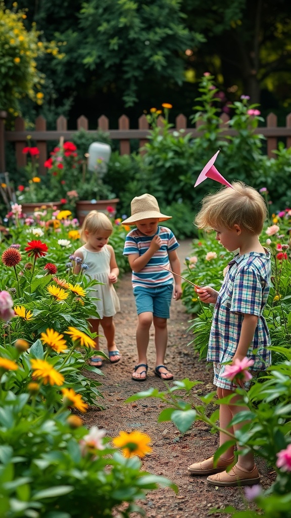 Children enjoying a scavenger hunt in a colorful garden.