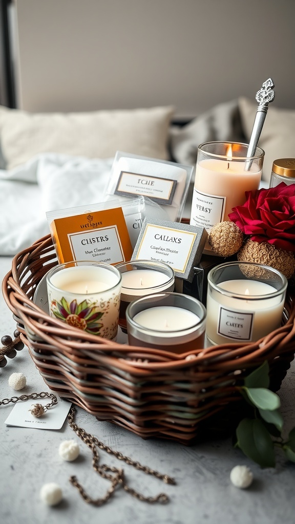 A beautifully arranged gift basket featuring various scented candles and decorative elements.
