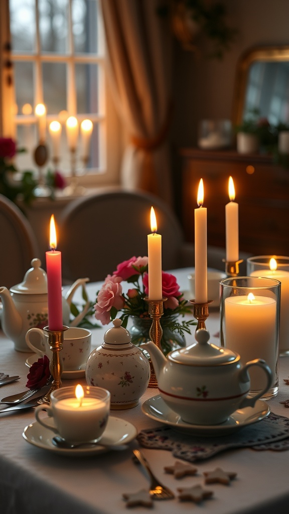 A cozy tea setting on a table with a white tablecloth, featuring lit candles, a teapot, a teacup, and a floral arrangement, creating a warm and inviting atmosphere.