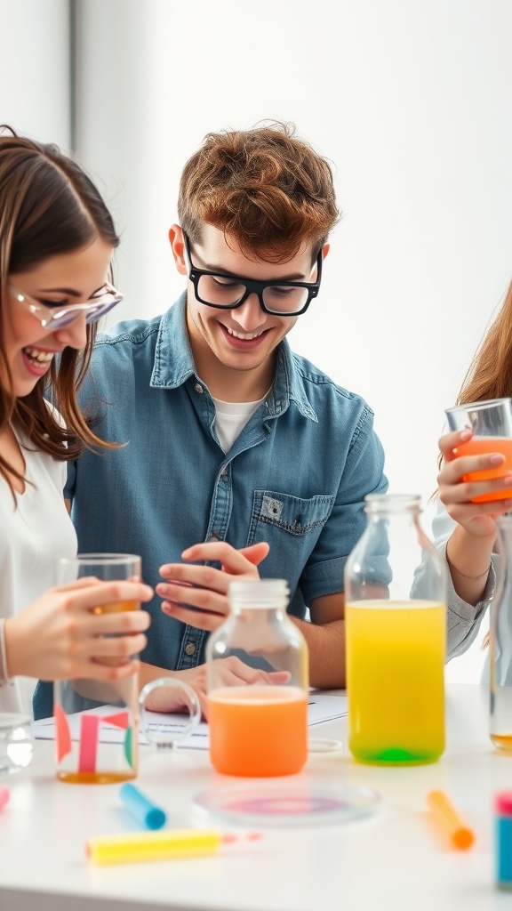 Teenagers enjoying a science experiment party with colorful liquids and engaged smiles.