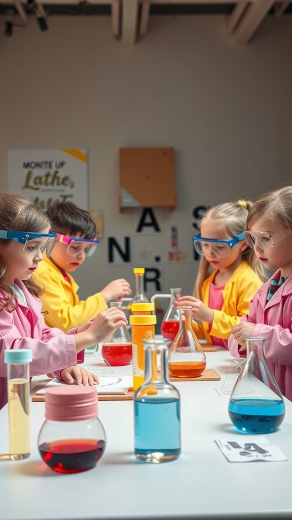 Four children wearing safety goggles and colorful lab coats conduct experiments with flasks containing colored liquids in a classroom setting.