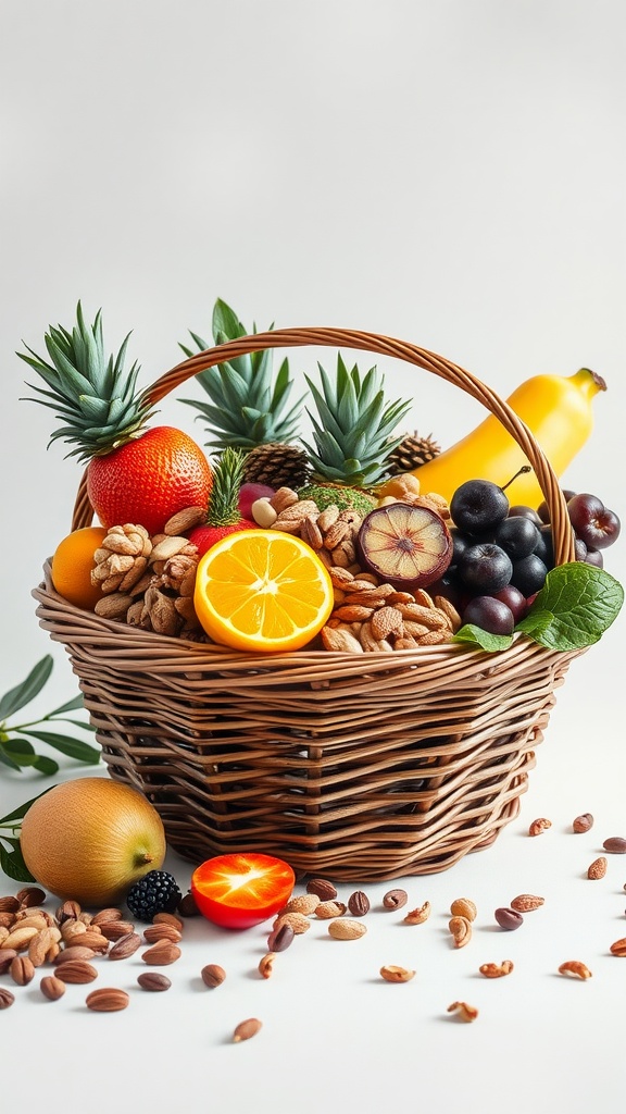 A wicker basket filled with various fruits and nuts, including pineapples, oranges, grapes, and an assortment of nuts.