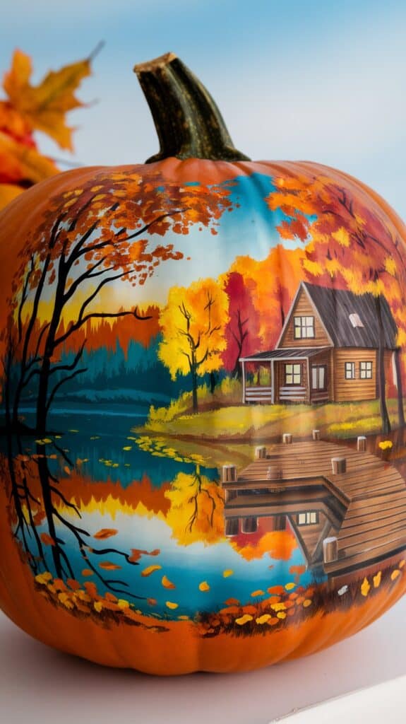 A pumpkin featuring a detailed painting of a lakeside autumn scene with vibrant orange and yellow trees, a wooden house, and a dock extending into the water.