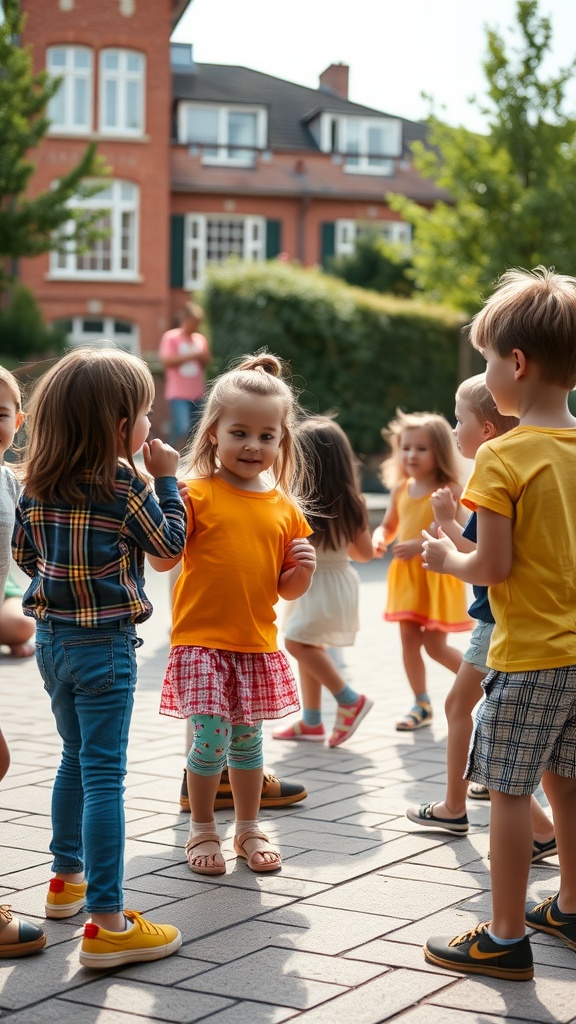 Group of children playing Simon Says outdoors, smiling and having fun.