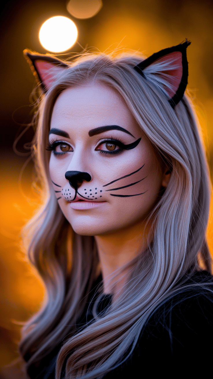 A person with cat ears and whiskers makeup poses with an orange bokeh background.