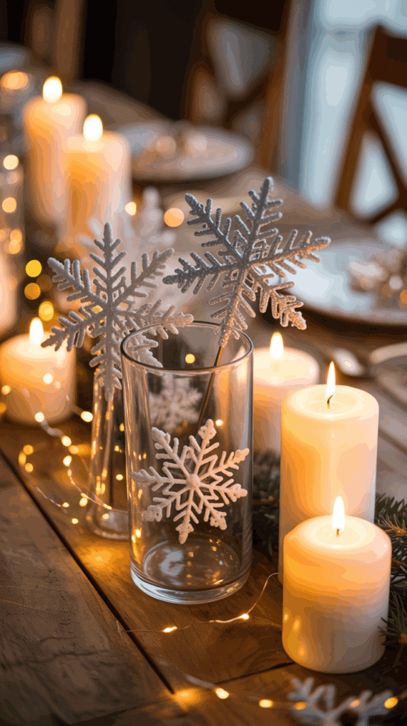 A festive table setting featuring glass vases with decorative snowflakes, surrounded by lit candles and string lights, creating a warm and cozy atmosphere.