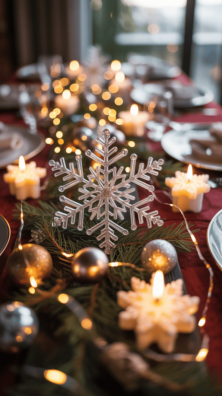 A festive holiday table setting featuring a large decorative snowflake centerpiece surrounded by pine branches, shiny baubles, and glowing candles shaped like snowflakes, all illuminated by string lights on a red tablecloth.
