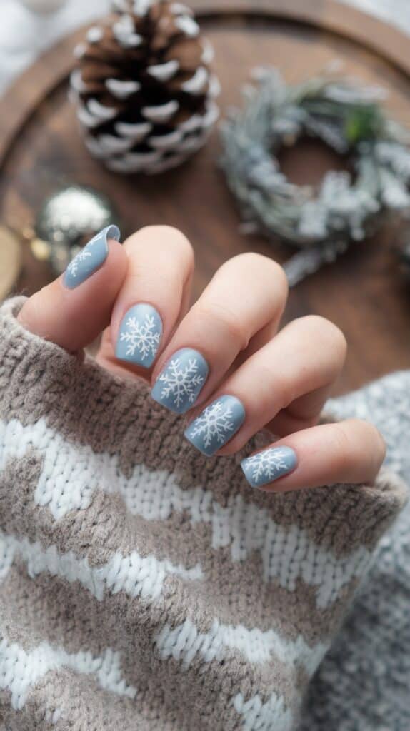 A hand with light blue nail polish featuring white snowflake designs, wearing a brown and white knitted sweater, is placed near a decorative pine cone and wreath on a wooden surface.