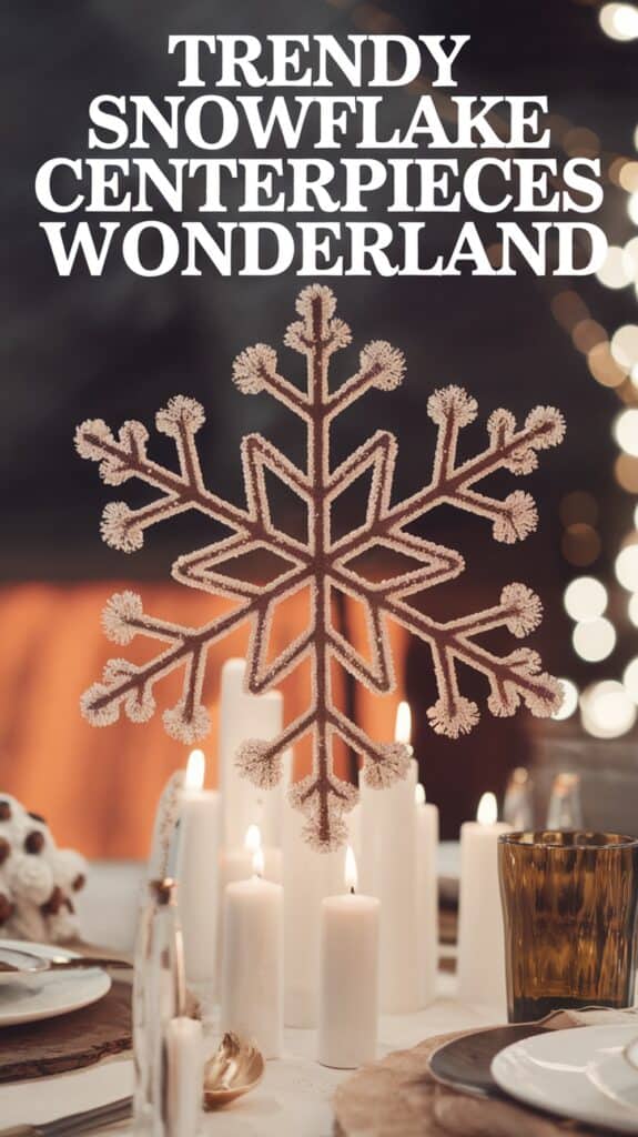 A decorative snowflake centerpiece surrounded by lit white candles on a festive dining table, with text overlay reading "Trendy Snowflake Centerpieces Wonderland."