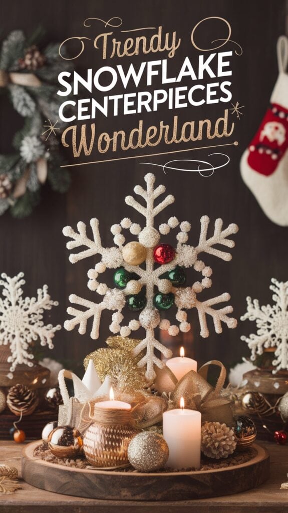 A festive holiday centerpiece featuring a large white snowflake adorned with red and green ornaments, surrounded by candles, pinecones, and decorative elements on a wooden table. The background includes a Christmas stocking and a wreath. Text reads "Trendy Snowflake Centerpieces Wonderland."