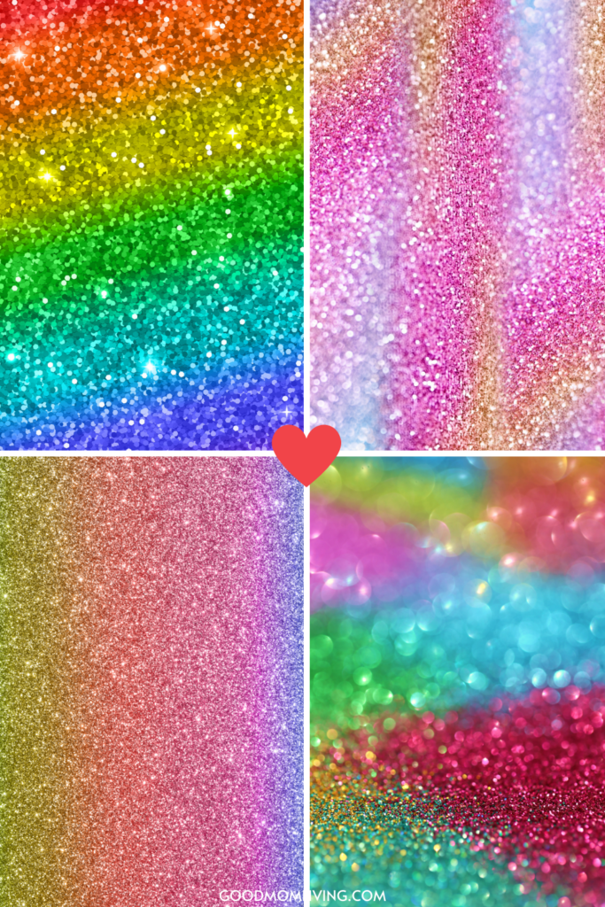 A collage of four vibrant glittery backgrounds, with rainbow-colored glitter in various patterns; a small red heart is positioned in the center.