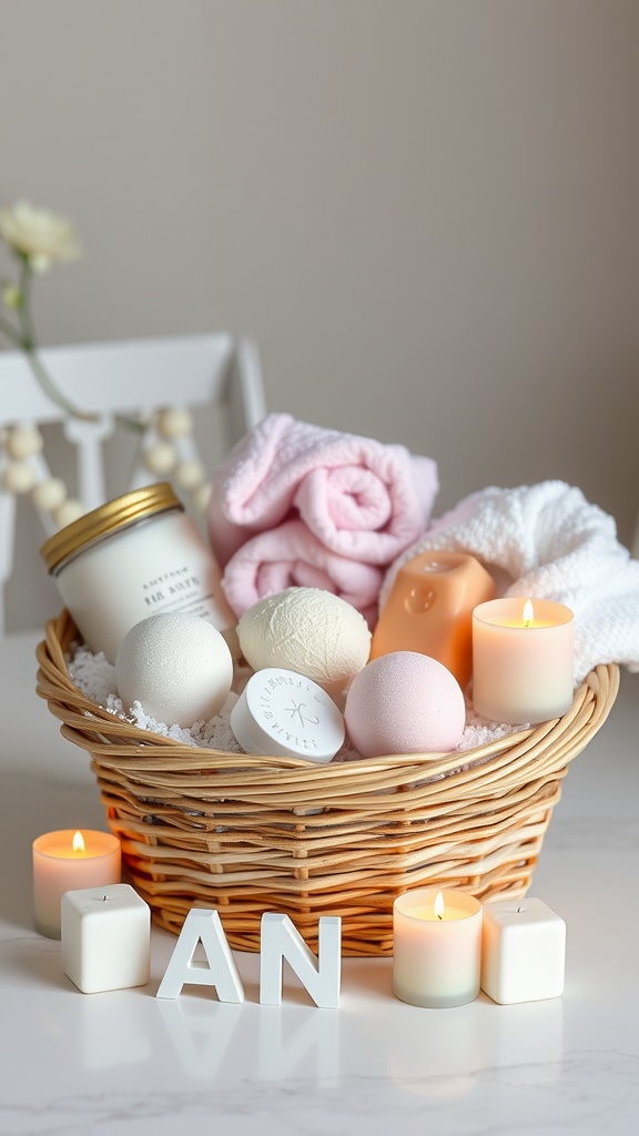 A wicker basket filled with bath items including towels, bath bombs, and a jar, surrounded by lit candles on a white surface.