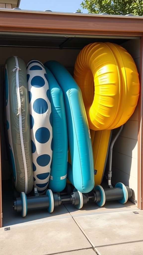 A storage shed containing several colorful inflatable pool floats, including a large yellow ring, a blue and white polka-dot float, and several blue rafts. The floats are neatly stacked along with pool weights on the floor.