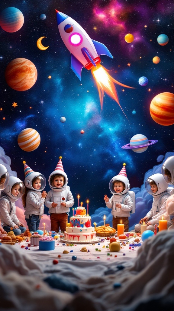 Children in astronaut costumes celebrating a birthday with a space-themed cake and decorations.