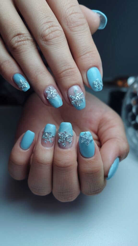 Hands with light blue nail polish featuring intricate silver snowflake designs on each nail.