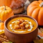 A steaming bowl of pumpkin soup topped with croutons and a swirl of cream, placed on a table surrounded by autumn leaves and small pumpkins.