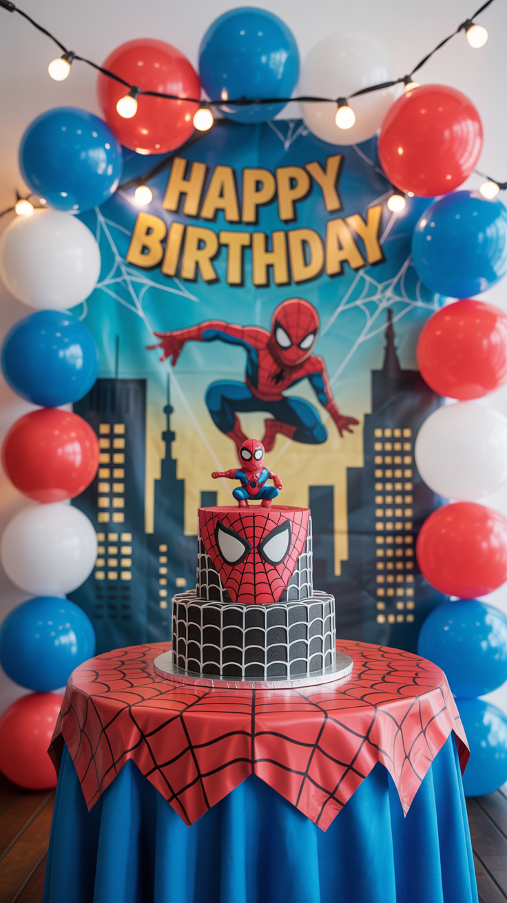 A Spider-Man themed birthday cake sits on a blue table covered with a red web-patterned cloth, set against a backdrop of a large 'Happy Birthday' sign featuring Spider-Man and city buildings. Red, white, and blue balloons with string lights adorn the scene.