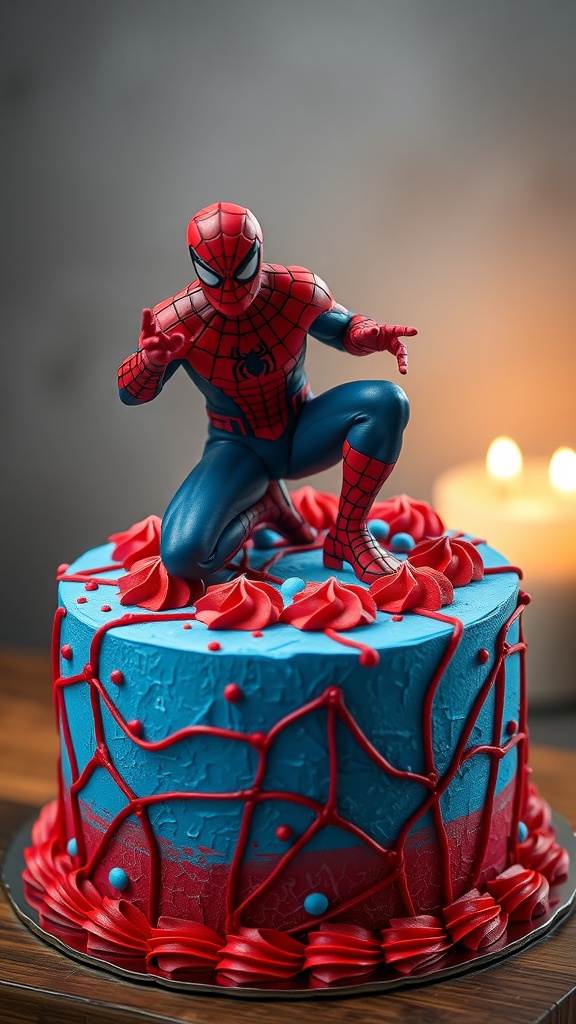 A Spider-Man themed birthday cake decorated with blue icing, red web patterns, and a Spider-Man figurine on top.