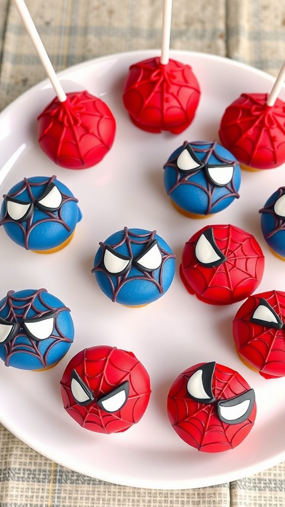 Plate of Spider-Man themed cake pops in red and blue colors