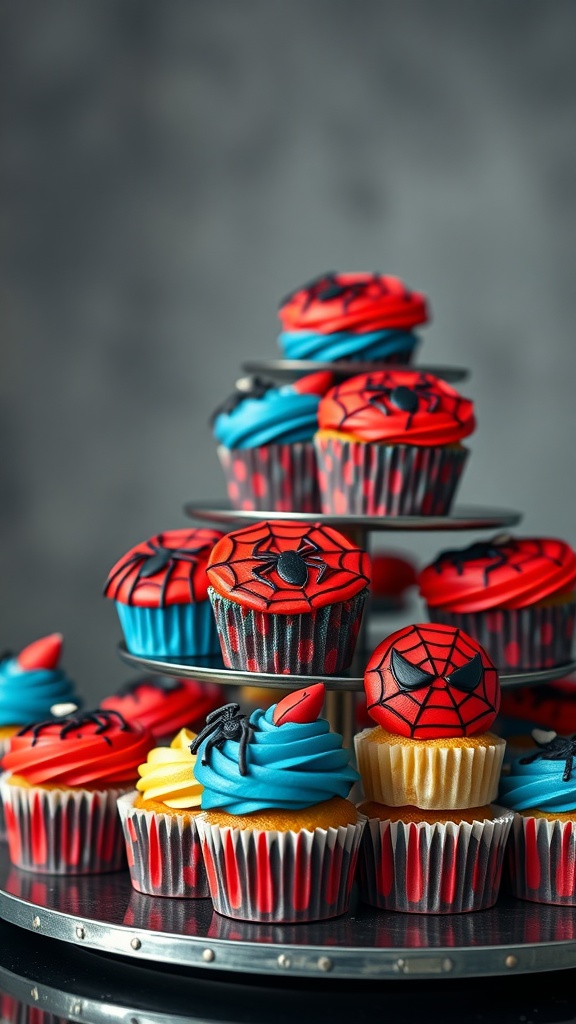 A tiered cupcake stand featuring Spider-Man themed cupcakes with red and blue frosting.