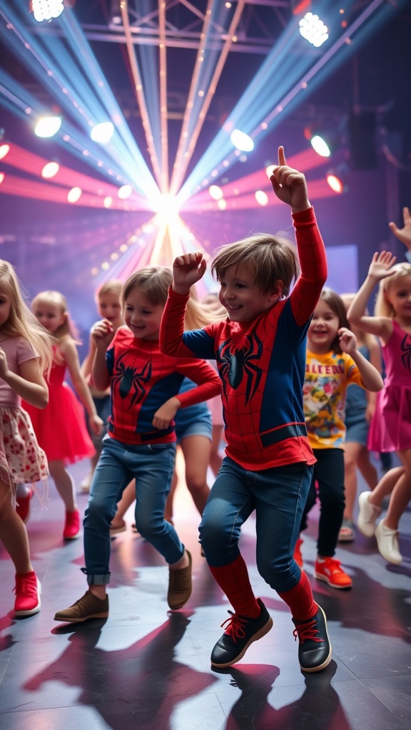 Children dancing in Spider-Man costumes at a birthday party.