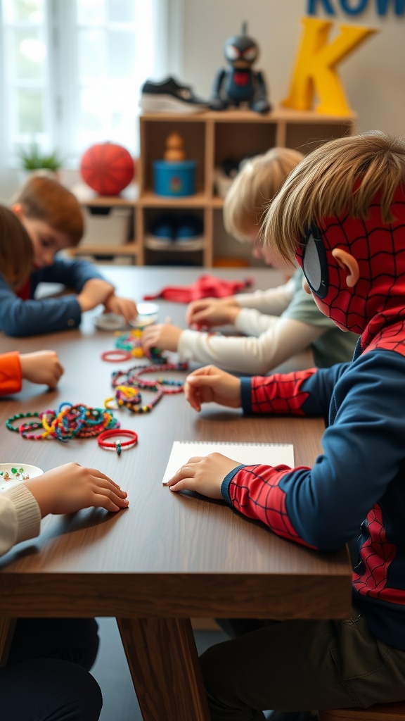 Kids making Spider-Man themed friendship bracelets at a birthday party.