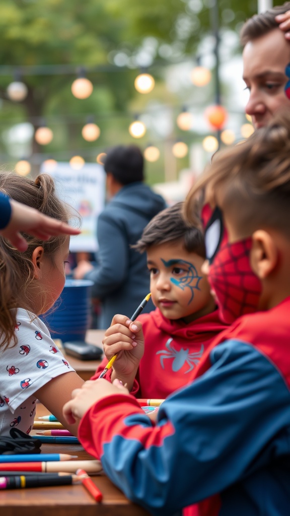 Kids getting face painted at a Spider-Man birthday party
