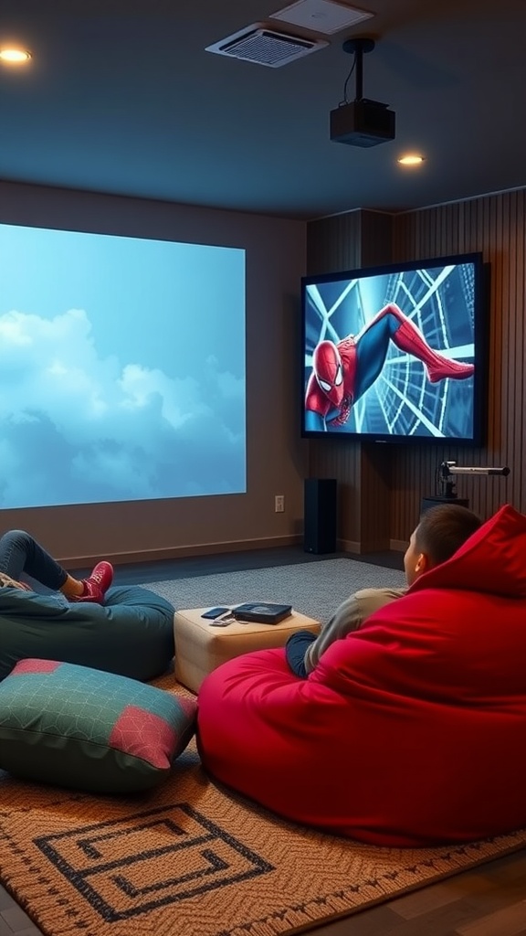 Cozy movie screening area with bean bags and a Spider-Man themed projector screen.