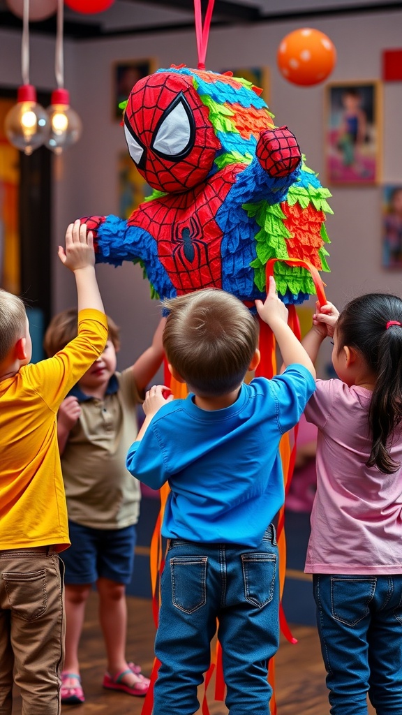 Children trying to hit a Spider-Man piñata at a birthday party.