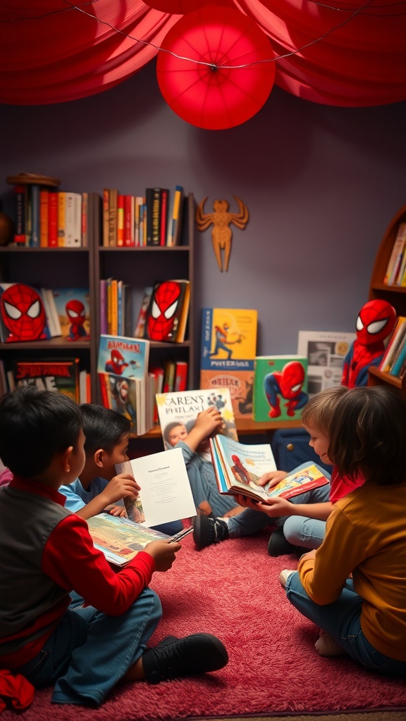 Children gathered in a cozy reading corner with Spider-Man-themed decorations and books.