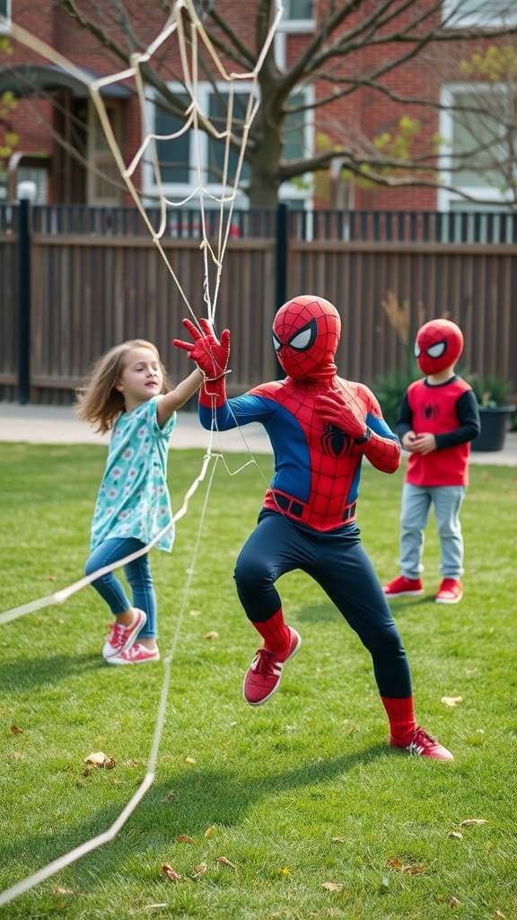 Kids playing Spider-Man themed games outdoors