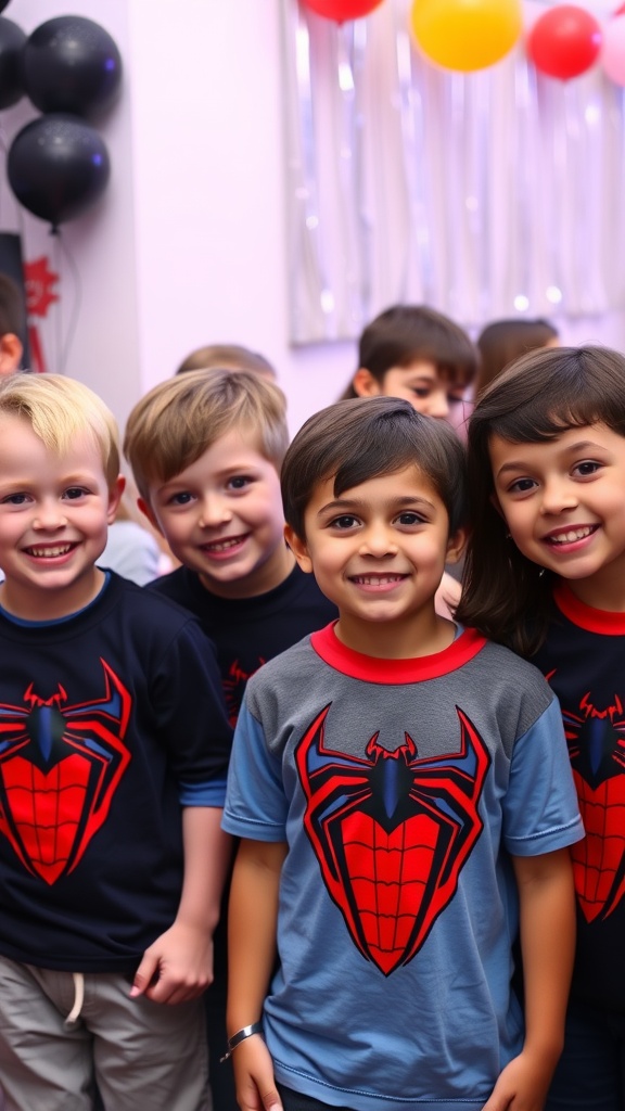 Children wearing Spider-Man themed shirts at a birthday party