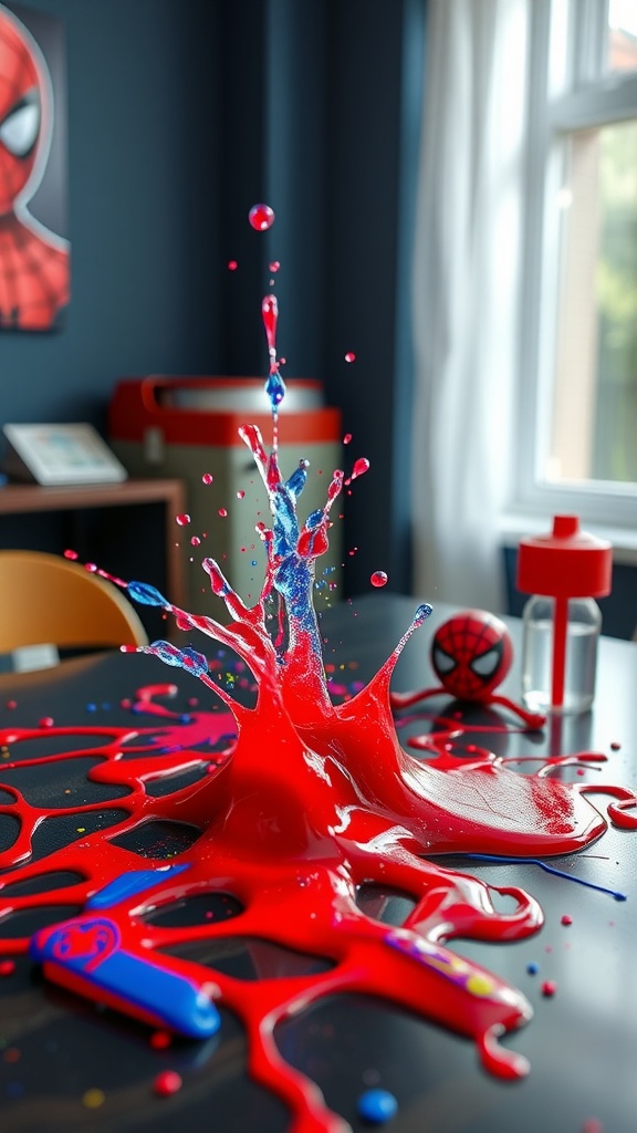 Colorful red and blue slime splashing with Spider Man decorations around.