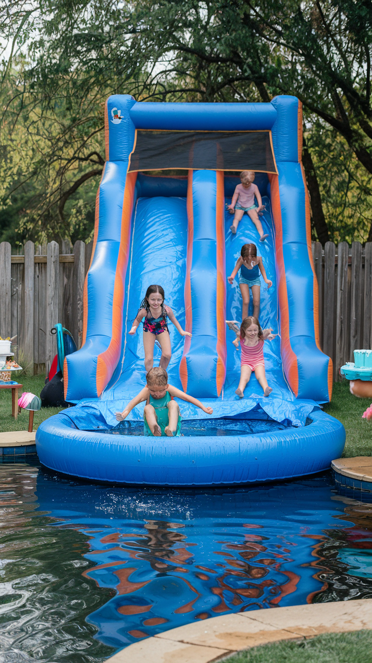 Four children sliding down a large blue inflatable water slide into a pool, with trees and a wooden fence in the background.