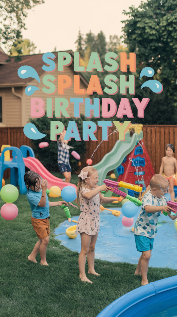 Children playing with water guns at an outdoor birthday party, surrounded by balloons and a colorful playground in the background, with "Splash Splash Birthday Party" text overlay.