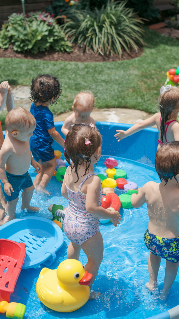A group of young children playing in a small plastic pool filled with colorful toys, including a large yellow rubber duck, on a sunny day with greenery in the background.