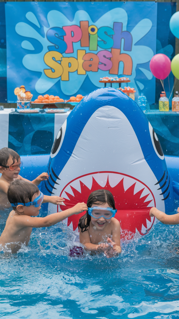 Children playing in a pool with a large inflatable shark and wearing goggles, set against a party backdrop with "Splish Splash" signage and colorful decorations.