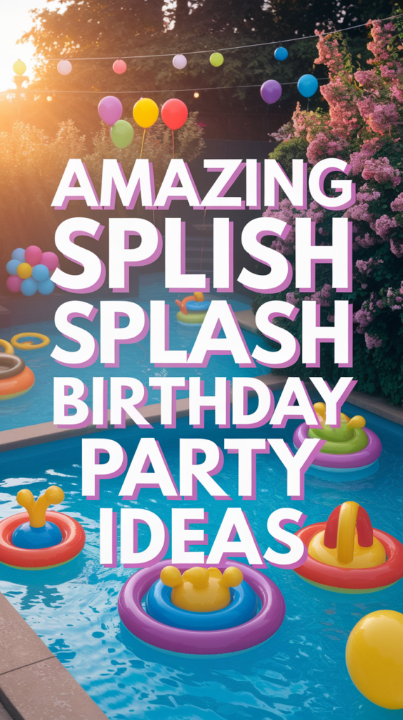 A swimming pool decorated for a birthday party with colorful inflatable toys and balloons, with text overlay saying "Amazing Splish Splash Birthday Party Ideas."