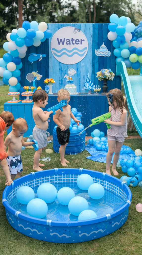 Children having a water-themed party outdoors, playing with water guns and a small blue inflatable pool filled with blue balloons; a decorated backdrop with balloons and aquatic themed elements is visible in the background.