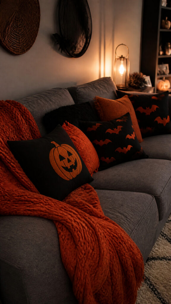 Layer Black and Orange Throw Pillows and Blankets