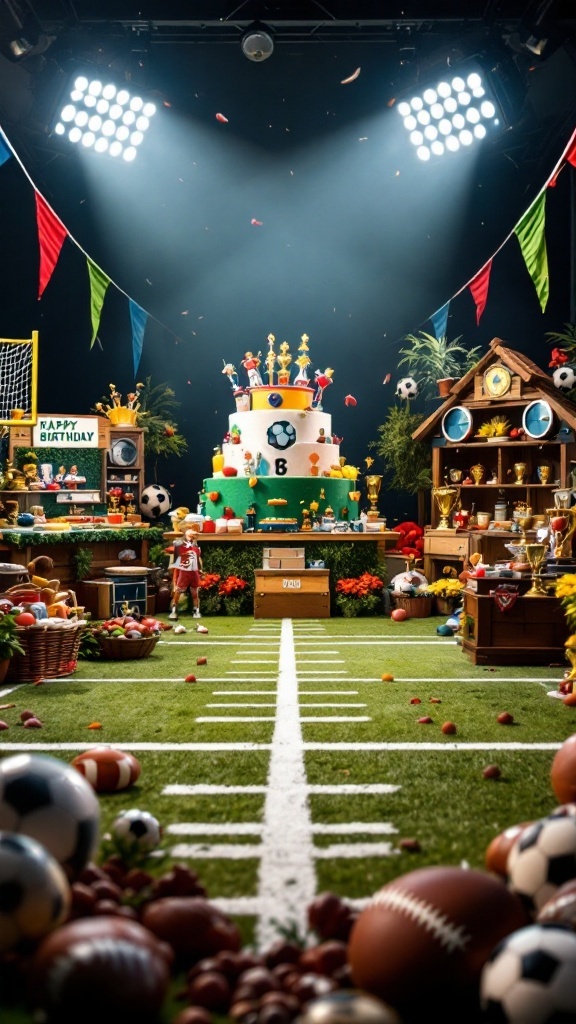 Colorful sports-themed birthday party setup with a cake and various sports equipment.