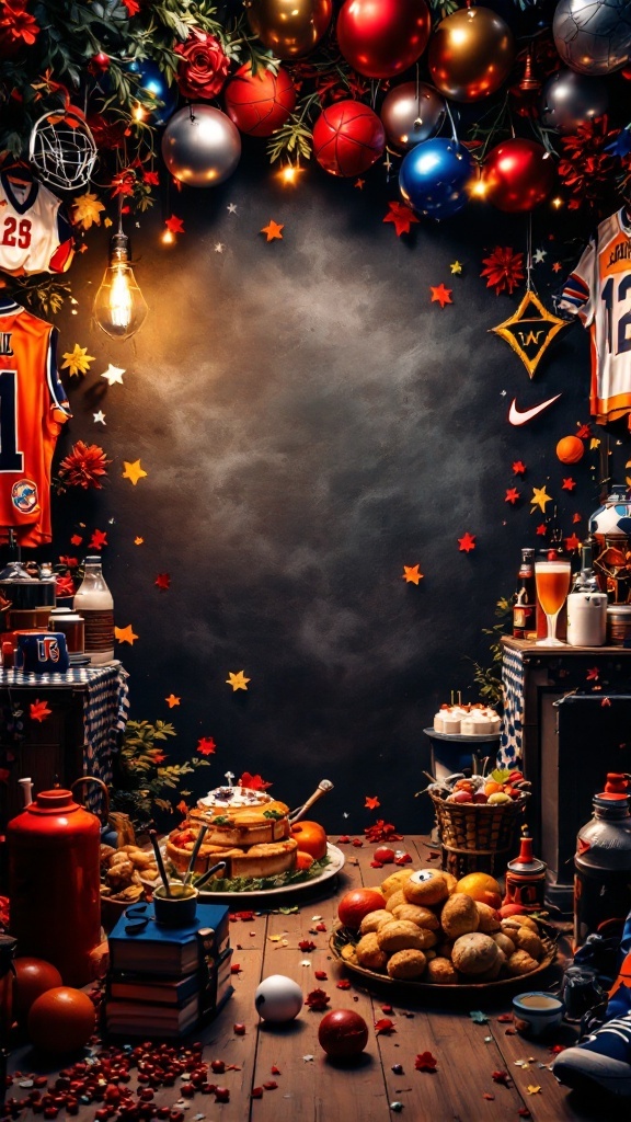 Decorated space for a sports fan birthday party featuring jerseys, snacks, and sports equipment.