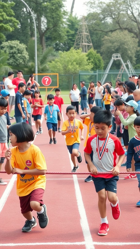Children participating in a race on a track, with a boy wearing a medal crossing the finish line while others run behind him, surrounded by spectators and greenery.